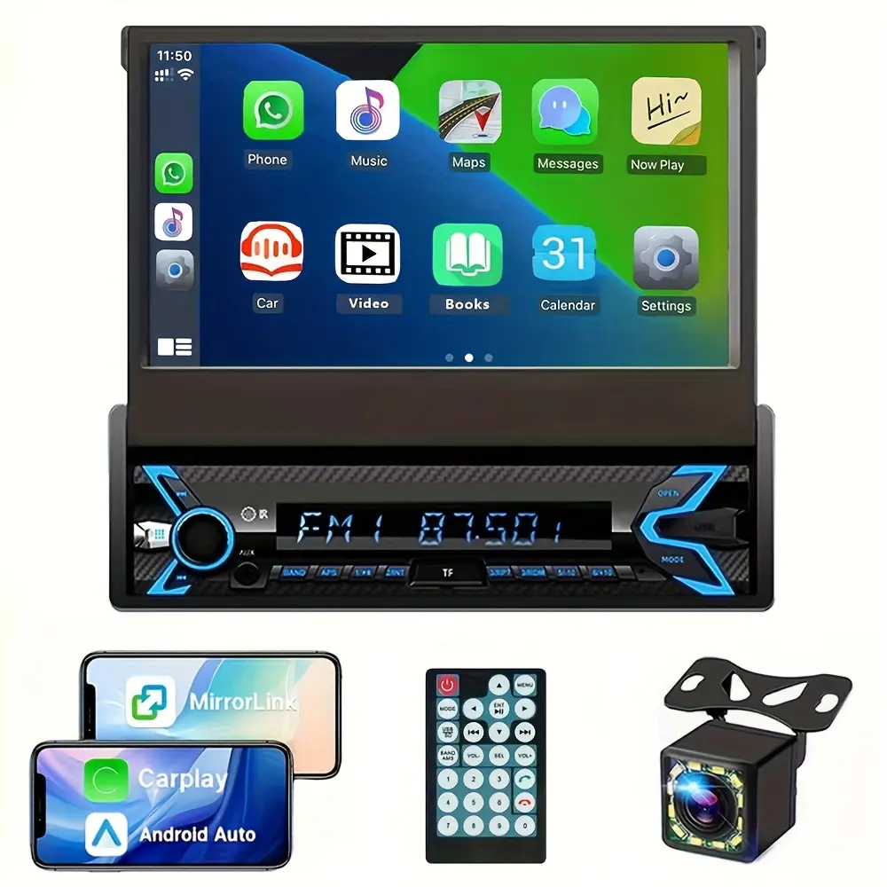 7inch Flip Out Touchscreen Car Radio with Bluetooth Car Audio Receivers, MirrorLink, Camera, FM/USB/AUX/TF/Subwoofer Single Din Flip Up Screen Car Stereo with Apple Carplay&Android Auto