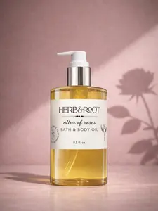 HERB & ROOT Attar of Roses Bath & Body Oil - 8.5 oz - Sweet Almond, Rice Bran, Jojoba, & Grapeseed Oils - Moisturizing & Luxurious Fragrance - Rose Scent