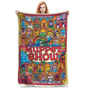 Retro Puppet Show Inspired Cozy Throw Blanket, Colorful Nostalgic Cartoon Fleece Blanket Candy Cane for Christmas Pink Satin Ruffle Bedding Set King Size 1000 Thread Count Sheet