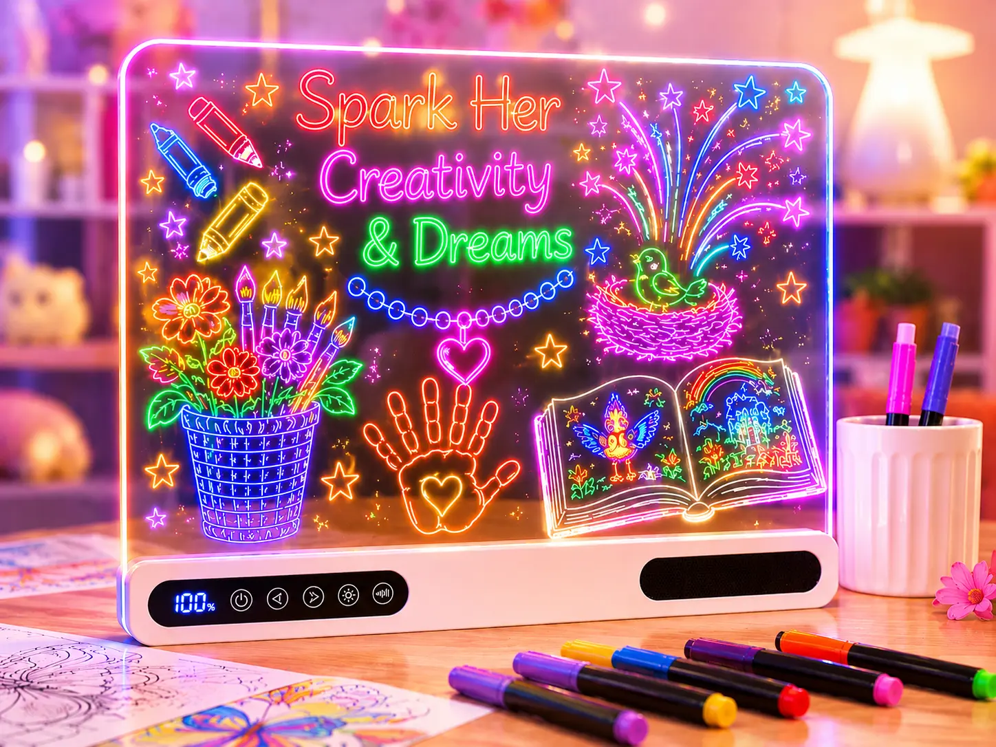 LED Drawing Board for Kids 16 Inch, RGB Light-Up Writing Tablet with 7 Color Neon Effects & 4 Modes, Reusable Glow Pad for Drawing, Notes & Fun Activities