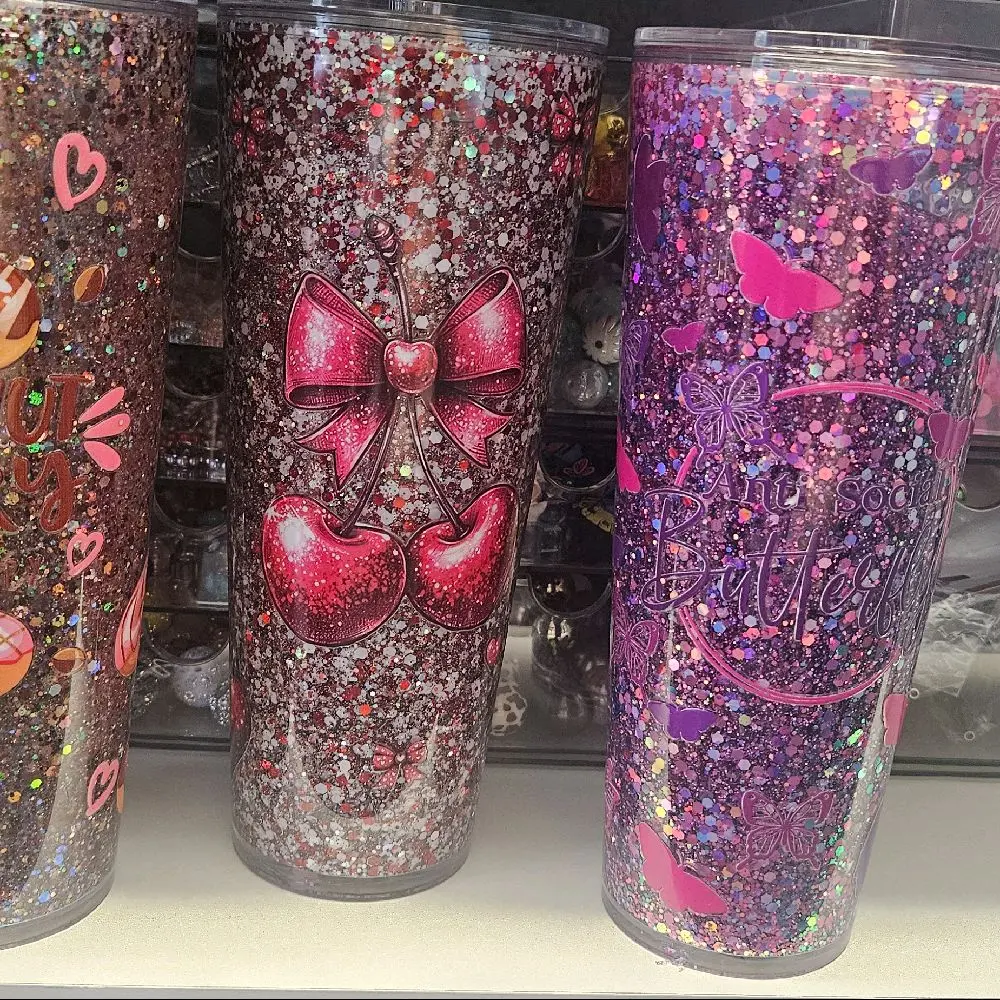 24oz Arcylic Snowglobe Tumblers with Glittery Cherries and Bow Design for Festive Drinks