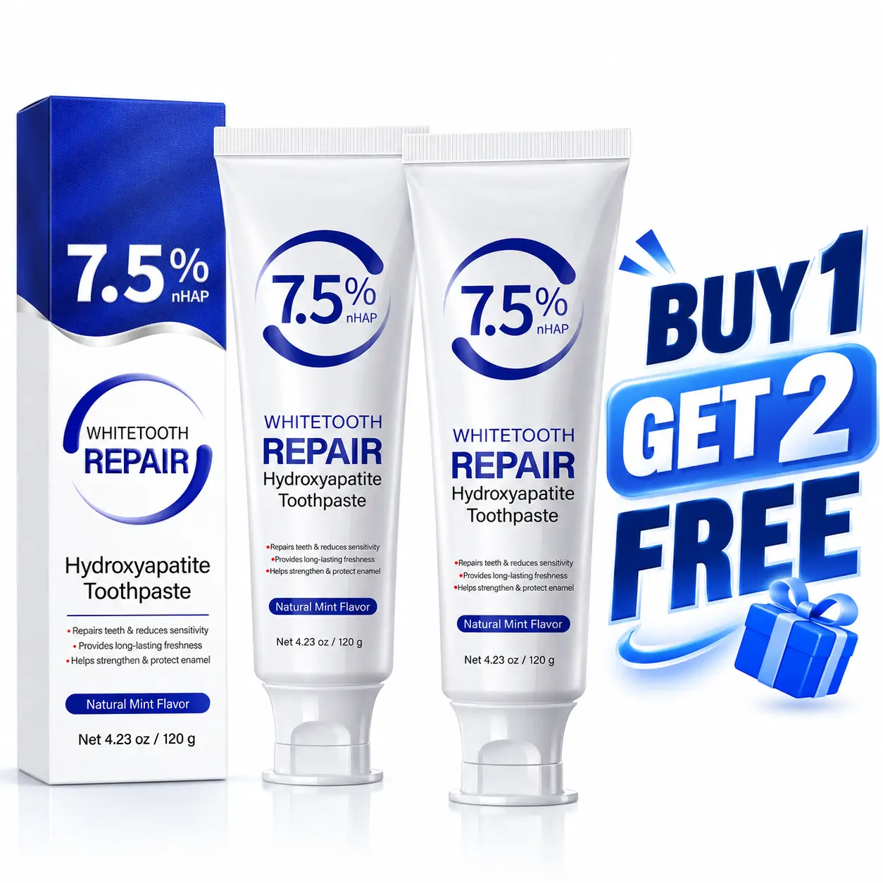 [BUY 1 GET 1 FREE] 7.5% Hydroxyapatite Oral Care Product, Fluoride-Free Brightening Toothpaste for Sensitive Teeth - Enamel Repair, Whitening, Anti-Cavity Cavity Protection, Refreshing Flavor