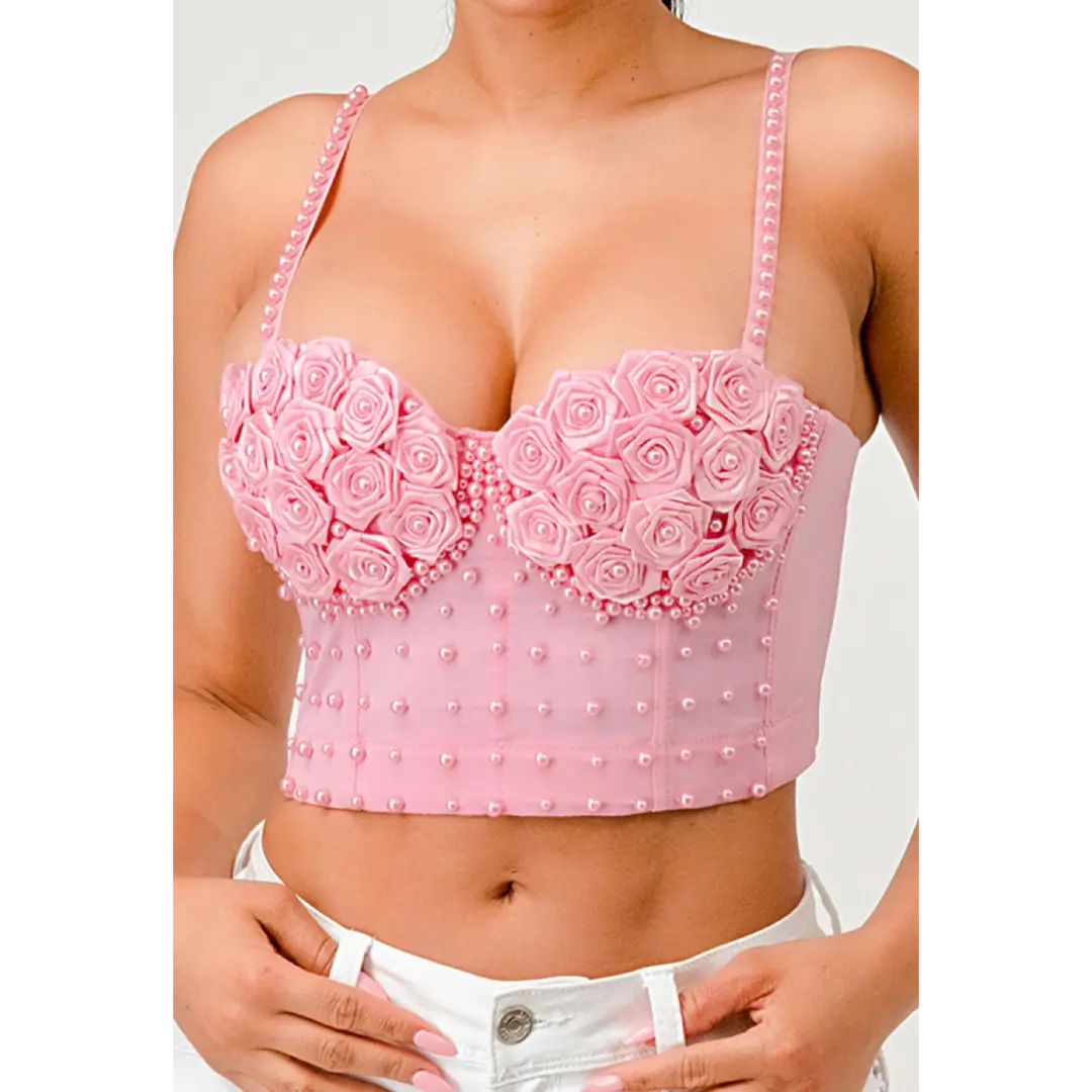 3d Rose Pearl Embellished Corset Top