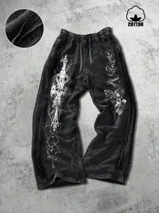 Men's Oversized Cotton Sweatpants, Silver Color Gothic Print, Casual Wide Leg Pants, Trendy Dark Aesthetic Vintage Street Style