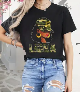 100%cotton Libra Queen Camouflage Black Woman Cap Zodiac Sign T-Shirt Graphic Top Vintage Womenswear