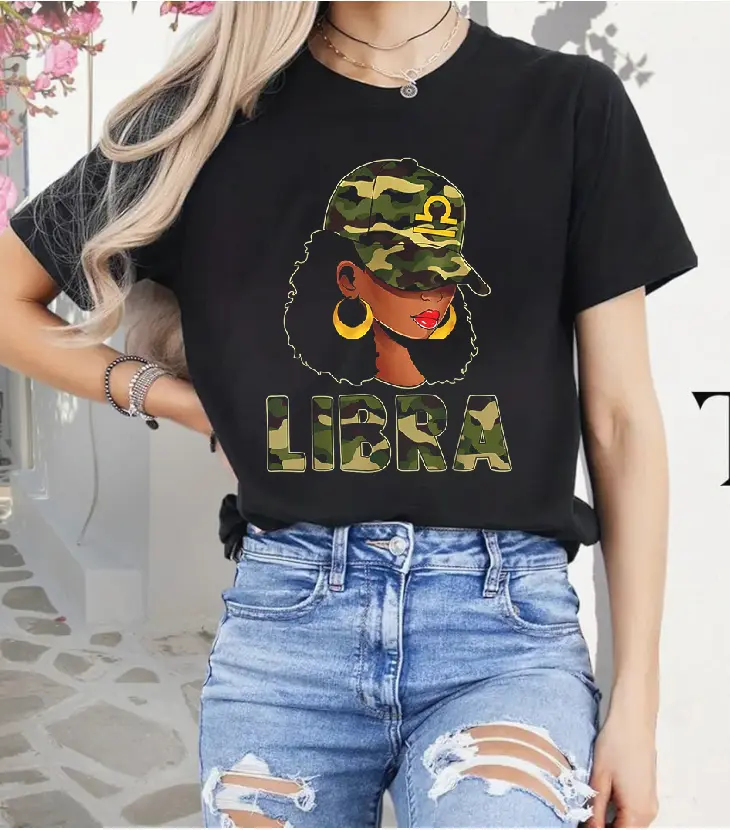 Women's Casual 100% Cotton Libra Queen Graphic T-Shirt - Vintage Short-Sleeve Zodiac Top for Lady, Round Neck Camouflage Cap-Ready Everyday Wear