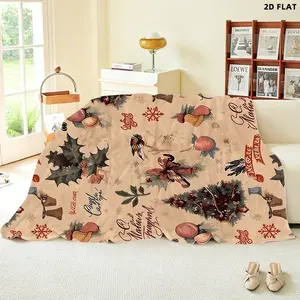 Vintage Christmas Themed Throw Blanket, Single - Sided Printed, Multiple Specifications Available, Warm Tones Design with Christmas Trees, Holly Leaves, Red Bows & Snowflakes, Ideal for Holiday Decor & Napping, Festive Greeting Style Pattern