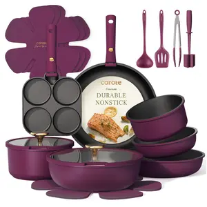 [Official] CAROTE 21pcs Nonstick Cookware Set, Pots and Pans with Removable Handle, Oven/Dishwasher/Fridge safe, Egg Pan, Purple/Burgundy/Gray