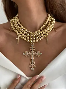 Vintage Exaggerated Diamond Cross Pendant Necklace, Multi-Layer Ccb Beaded Chain, Elegant Gothic Style Jewelry for Women, Bling Stylish Accessory