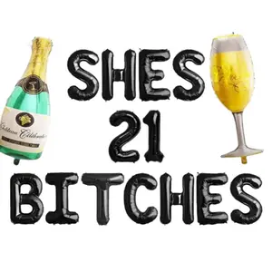 PartyEight Shes 21 Bitches 21st Birthday Balloon Decoration Set with Champagne & Glass Balloons