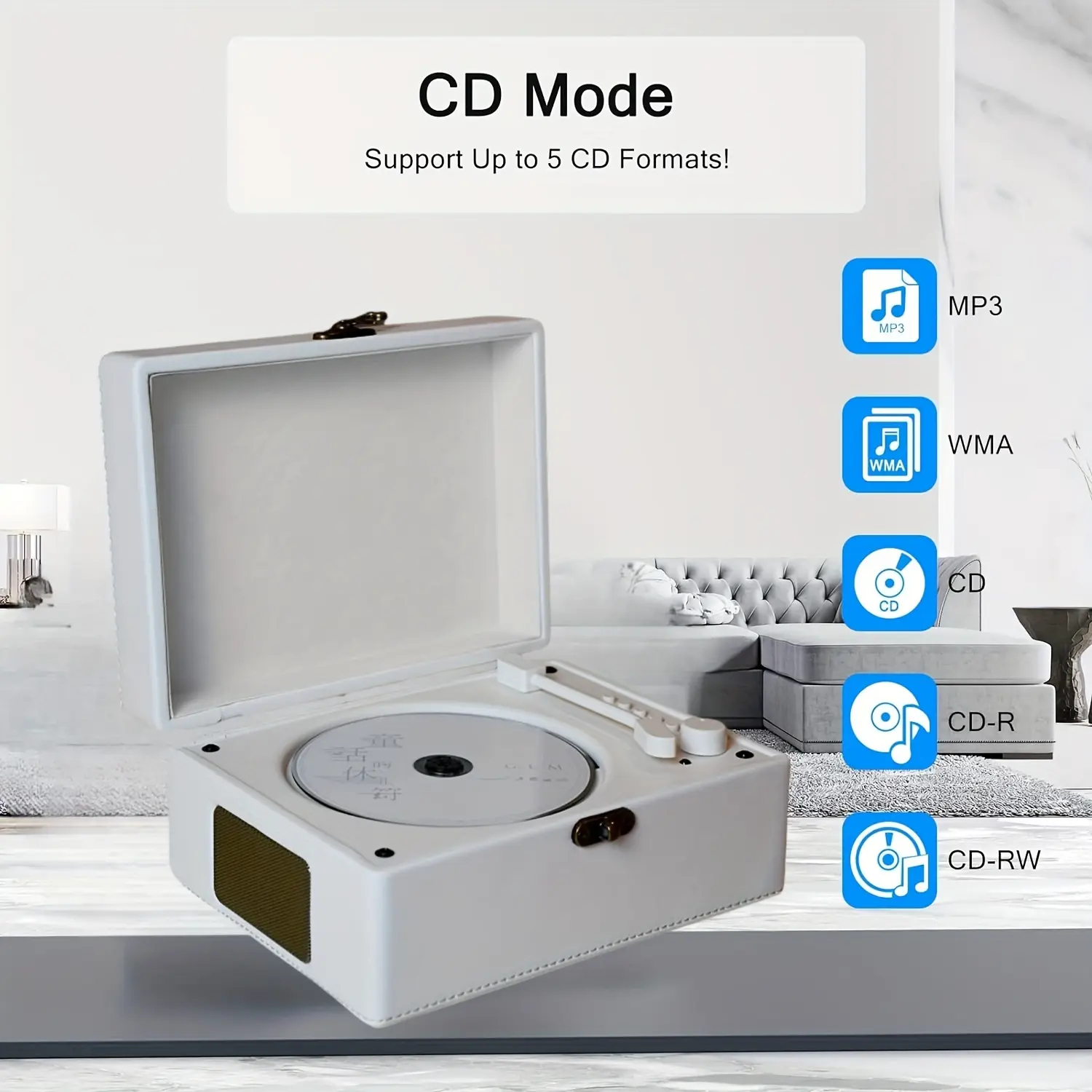 Premium stitched leather multifunctional CD player with dual stereo speakers and remote control; rechargeable Bluetooth disc player for audiobooks, soft music, meditation, and quiet bedroom leisure.