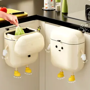 A Cute Cartoon Hanging Trash Can with A Lid, Large Capacity, Wall-mounted Without Drilling, Suitable for Kitchens and Bathrooms, White Plastic, Includes Hooks, Space-saving