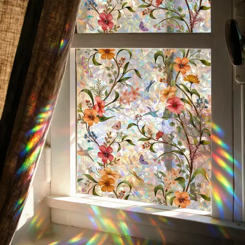 Colorful Durable Art Vinyl Decal Window Stickers & Films, Creative Floral Static Cling, UV-Blocking Spring Sunlight Protection, Privacy Glass Decor, Rainbow Effect, Bedroom Home Decor Supply