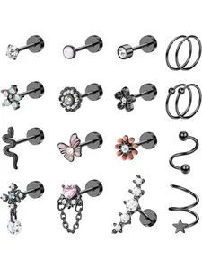 18PCS Cartilage Earring Stud for Women Surgical Steel Flat Back Earrings Couch Hoop Piercing Opal Flower Sanke Helix Tragus Piercing CZ Cartilage Earring Piercing Mom Gifts for Mothers Day Cartilage Piercing Jewelry