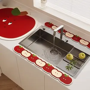 Three-Piece Sink Anti-Leak Mat Kitchen Countertop Water Absorption Diatomaceous Earth Drainage Mat Easy to Clean Long Strip Mat, Cartoon Faucet Water Blocking Mat, Easy to Maintain Coaster Sink Long Strip Mat, Splash Proof, Water Splash Guard