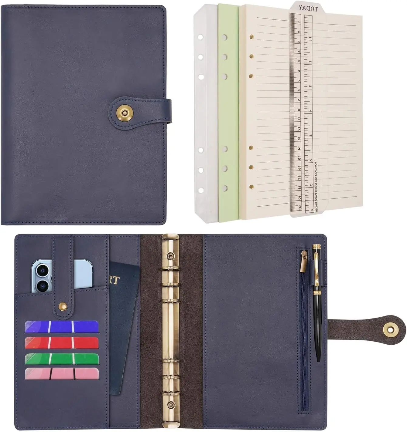 High-Quality Soft Leather A5 Journal Binder - Refillable Spiral Notebook with College Ruled Paper, Binder Rings, 1 Pen, 1 Zipper Pouch/Cardholder, Phone Holder, Budget Organizer, Comfortable to Handle, Sustainable for Office, School (Blue)
