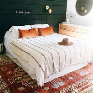 100% Cotton Fall Home Decor Throw & Bed Blanket - Queen King Size Bed Throw Black Stripes with Tassels