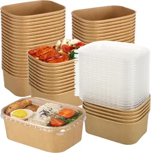 50 Pack 25Oz Disposable Kraft Paper Bowls with Lids, Rectangle Meal Prep Containers Bulk, Large Paper Salad Bowl, Leakproof Food Containers Treat Soup Serving Bowls, Microwave Safe for Hot/Cold Food Rainmae