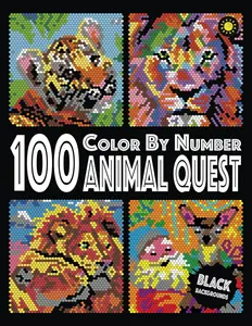 100 Animal Quest Color By Number Activity Book New with 12-Color Palette - Black Backgrounds - Paperback