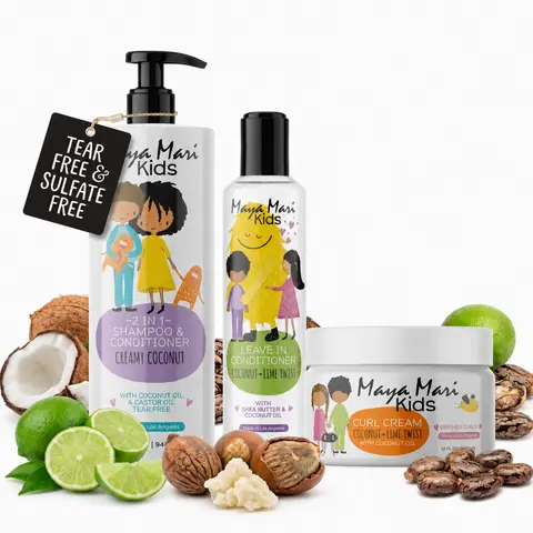 Maya Mari Kids' 3-Piece Curly Haircare Kit - Gentle, Nourishing Coconut & Castor Oil Products with Argan, Shampoo 2-in-1 Cleanser, Curl Cream, Shea-Infused Leave-In Conditioner for Moisture, Hydration & Cleansing on Natural Curls Wash Day