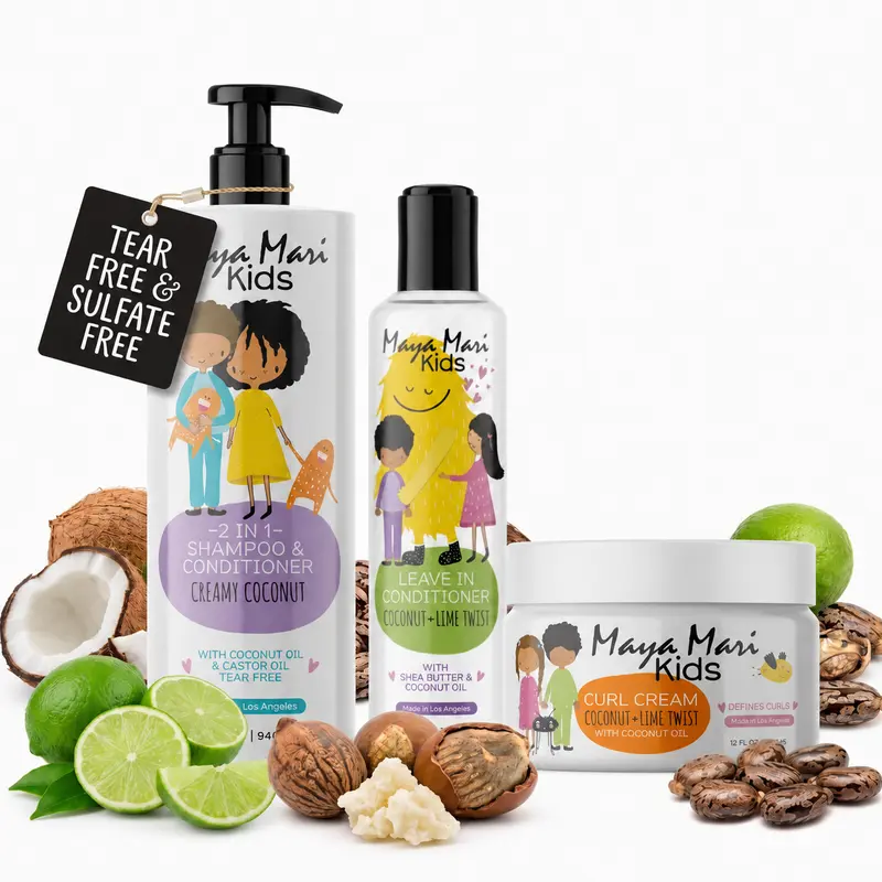 Maya Mari Kids' 3-Piece Curly Haircare Kit - Gentle Coconut & Castor Oil Products with Argan, 2-in-1 Shampoo Cleanser, Curl Cream, Shea-Infused Leave-In Conditioner for Curly Hair Routine, Wavy/Textured Hair Hydration