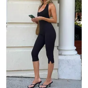 Women's Solid Color Halter Neck Capri Jumpsuit, Comfy Breathable Minimalist Sleeveless Skinny Slim Jumpsuit for Summer, Ladies Clothes for Daily Wear, Casual Fashion Jumpsuit, Basic Jumpsuit, Casual Comfy Overalls, Black, Casual Fitted Jumpsuit