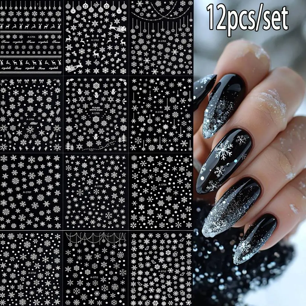 12pcs 3D Christmas White Snowflake Nail Art Stickers Multi-shaped Snowflakes Elk Winter Xmas Nail Stickers New Year Nail Decorat
