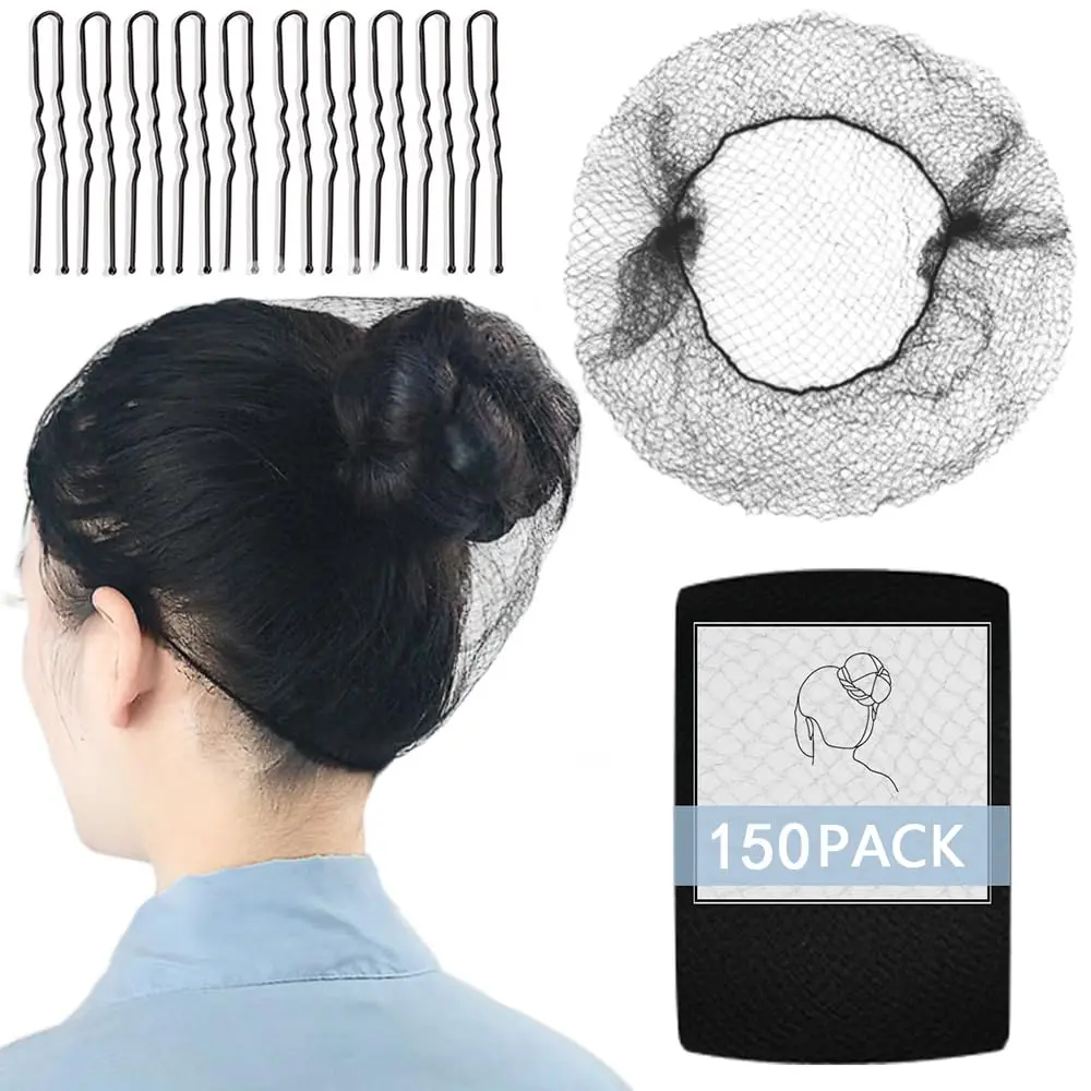 150Pcs Black Nylon Hair Net Set (24in Elastic, Lightweight, Durable) with 10 U-Shaped Pins, Haircare Nylon Hair Styling Accessories for Kitchen Food Service Ballet Bun, Comfortable Secure Fit