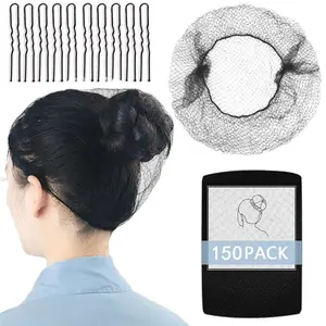 Name 150Pcs Black Hair Net Set 24 inches Elastic Nylon with 10 U-Shaped Pins for Kitchen Food Service Ballet Bun Comfortable Secure Fit