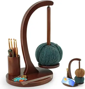 Crochet Yarn Holder with Phone Stand & Storage for Knitting Lovers Brown Pine Wood 4-Inch Distance Support Up to 1.43 Pounds