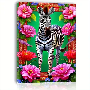 2D Flat Painting, 1 Piece Framed Canvas Painting - Black and White Zebra with Pink Floral Embellishments, Green Leaf Background - Living Room, Bedroom, Kitchen Wall Decoration - Modern Home Gift (11.8x 15.7inch /30x40cm) - Edged Canvas Art Print, Bedroom
