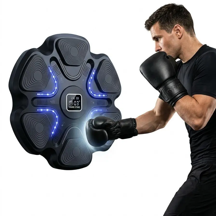 Unisex Compact Smart Music Boxing Machine with Gloves, Bluetooth Audio, LED Sensors, High-Rebound Padding, Wall-Mountable Design for HIIT Training