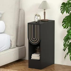 Narrow Nightstand, Black Bedside Table with Carving Lines Drawer, Mid-Century Modern Slim Side End Table for Bedroom Small Space, Wooden Small Night Stand (1, Black)