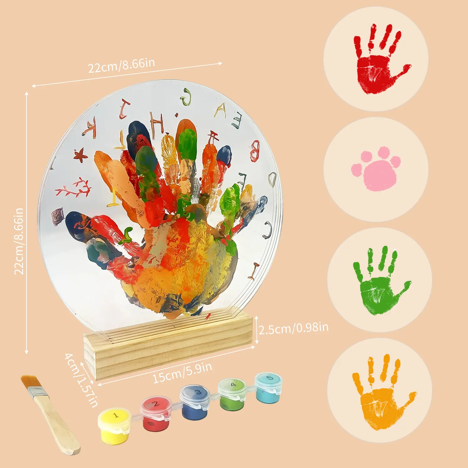 DIY Family Handprint Keepsake Kit - 8.66" Round Acrylic Handprint Art Plaque with Wooden Stand, Multiple Colors Paint & Brush, Personalized Family Palm Print Craft for Home Decor, Perfect Gift for Mother's Day Father's Day Christmas