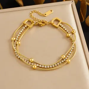 Fashionable, Creative, Exquisite And Elegant Stainless Steel Multi-Layered Chain Bracelet With Full Diamond Inlay, Gold-Plated Snake Chain, High-End Jewelry
