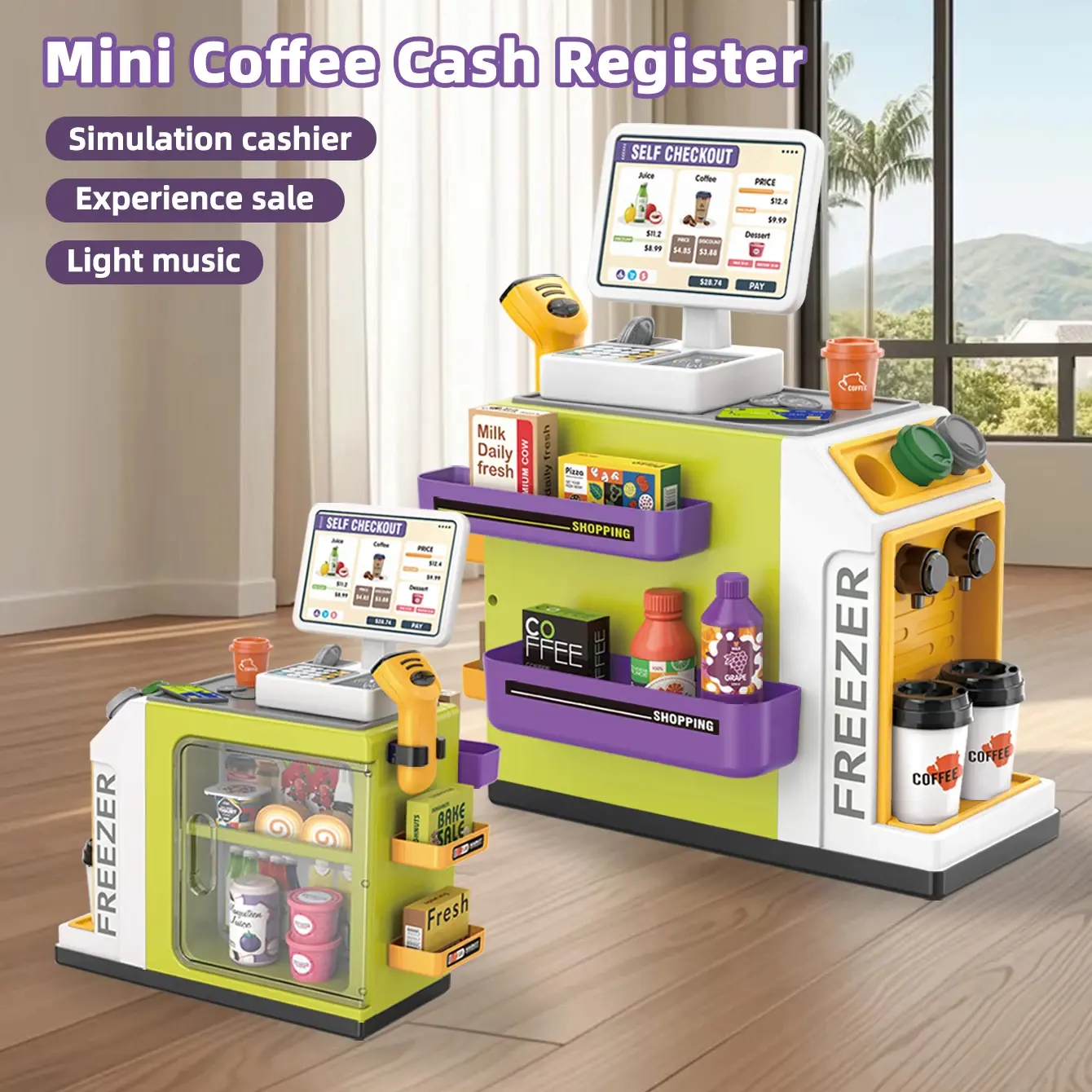 Mini Pretend Play Children's Toy Set, featuring Supermarket Shopping Counter and Coffee Vending Counter