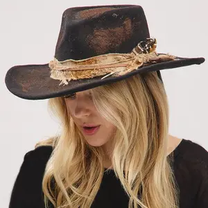 H&D Accessories Vintage Cowgirl & Fedora Hat with Feather Distressed Fabric Band Unisex One Size 100% Polyester Versatile Shapeable for Country Music Concerts Style Hat Casual Outdoor Hat