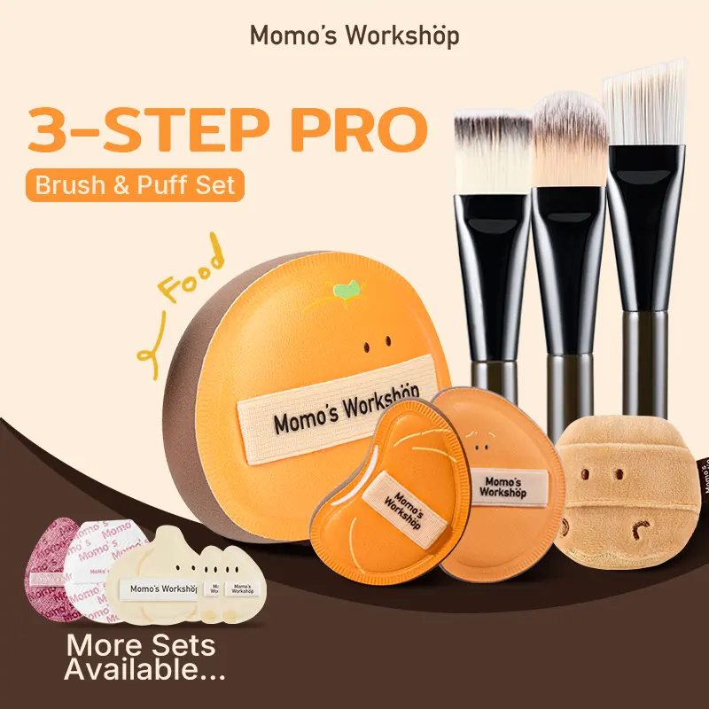 momo's workshop Makeup Brushes Set, 3-Step Pro Blend Set for a Flawless Finish - All Skin Types, Travel-Friendly Beauty Tools