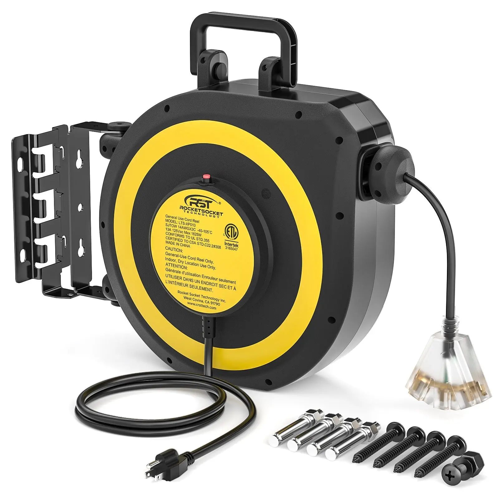 CRST 14AWG 50FT Retractable Extension Cord Reel with Handle 180° Swivel Bracket Automatic Retraction UL Listed 36 Months Warranty