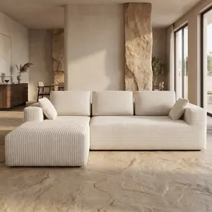 Cream-colored modern L-shaped corduroy sofa set; ultra-deep, comfortable cloud sofa in minimalist style; includes a reversible recliner; suitable for living rooms, apartments, and studios. Cashmere