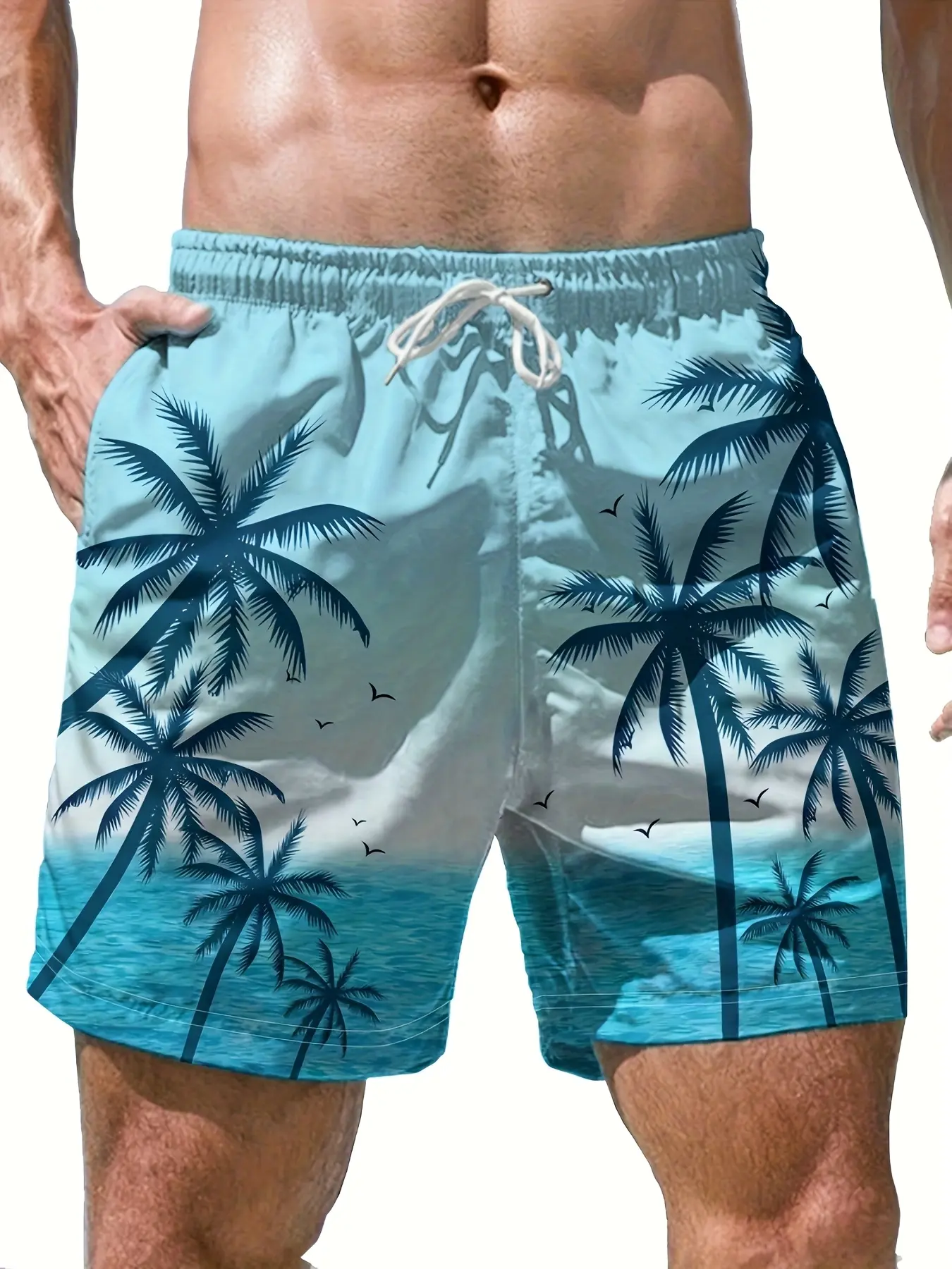 Men's 3D printed coconut boat shorts, color gradient pattern swimming pants, casual swimming beach shorts, sports surfboard shorts