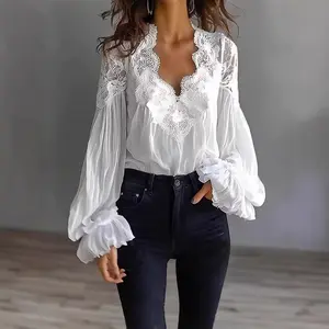 White Lace V-Neck Blouse |   Sheer Puff Sleeve Ruffle Cuff Romantic Top  Elegant White Lace Trim Blouse |   Bell Sleeve V-Neck Sheer Chiffon Top   Boho White Lace Blouse |   V-Neck Ruffle Sleeve Sheer Feminine Blouse  Romantic White Lace V-Neck Top |   Sh