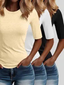Women's Casual Fashion Round Neck Half Sleeve Solid Color Knit Lightweight Slim Fit Top Set, 3 Piece Commuter Basic Wear, European Style Women's Clothing, Summer
