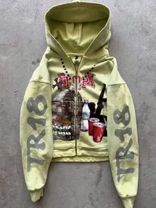 Olive Green Graphic Zip-Up Hoodie TR18 Print Streetwear Y2K Grunge Vintage Oversized Detailed Jacket
