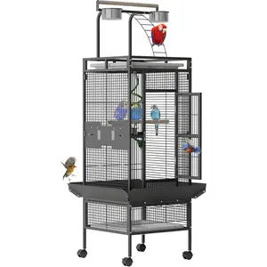 60 Inch Wrought Iron Large Bird Cage with Rolling Stand, Metal Parrot Cage with Play Top & 4 Stainless Steel Bowls for African Grey Cockatiel Sun Parakeet Green Cheek Conure Lovebird Budgie, Black