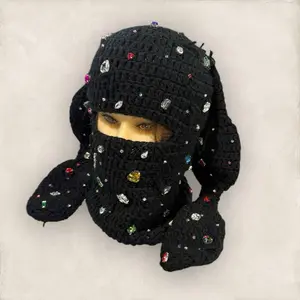 Black Stoned Ski Mask with Ears - Stylish & Comfortable Slouchy for Everyday Wear