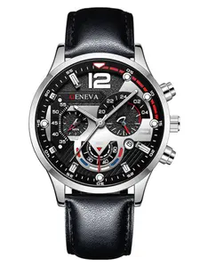 New Men's Watch Fashion Calendar Six-Hand Leather Strap Quartz Analog Watch Sports Glow-In-The-Dark Wristwatch Trendy Watch