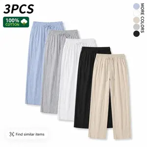 3-pack men’s 100% cotton casual pants: lightweight drawstring pants, breathable straight sleep pants with pockets—suitable for everyday wear, sports, leisure, and outdoor beach activities.