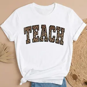 Women's Leopard Print Teacher T-Shirt- Comfortable Round Neck Short Sleeve with LEOPARD SPOT TEACH Design and Team Letters- Casual Top Suitable for Educators, Tshirt Menswear