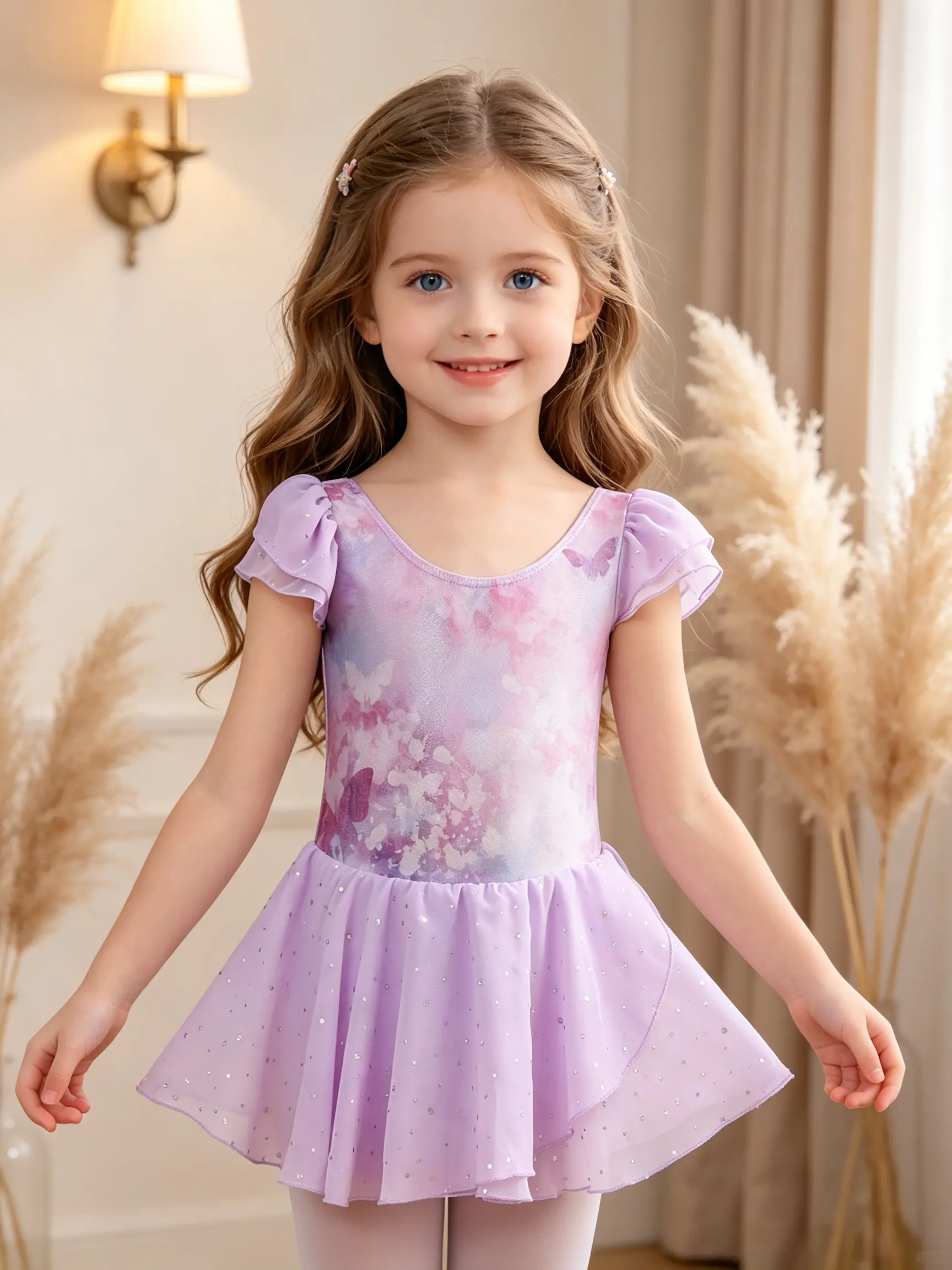 Toddler Girls Lavender Watercolor Butterfly Print Ballet Leotard Short Flutter Ruffle Sleeve Sparkle Glitter Dot Tulle Tutu Skirt Soft Stretch Gymnastics Dance Costume for Ballet Practice Stage Performance